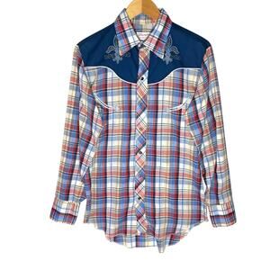 WRANGLER Vintage Men’s Western Long Tails Embroidered Plaid Shirt